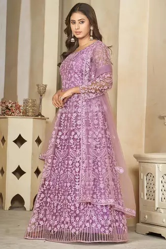Light lavender net embroidered wedding wear anarkali suit