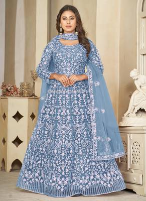 Sky blue net embroidered wedding wear anarkali suit 1