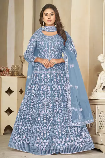 Sky blue net embroidered wedding wear anarkali suit