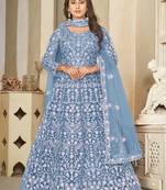Sky blue net embroidered wedding wear anarkali suit