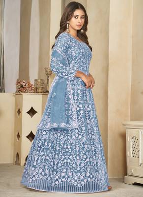 Sky blue net embroidered wedding wear anarkali suit 2