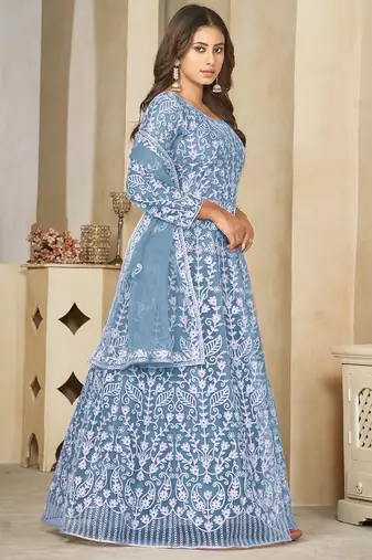 Sky blue net embroidered wedding wear anarkali suit