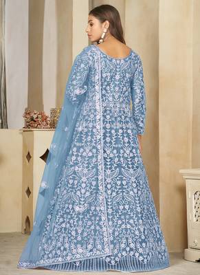 Sky blue net embroidered wedding wear anarkali suit 3