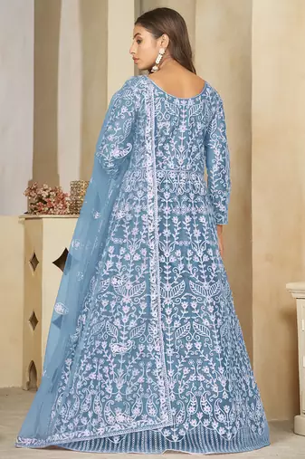 Sky blue net embroidered wedding wear anarkali suit