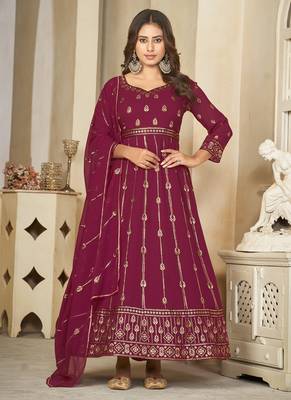 Purple georgette embroidered wedding wear anarkali suit 1