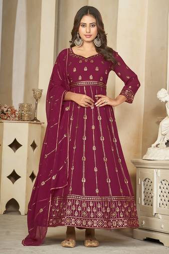 Purple georgette embroidered wedding wear anarkali suit