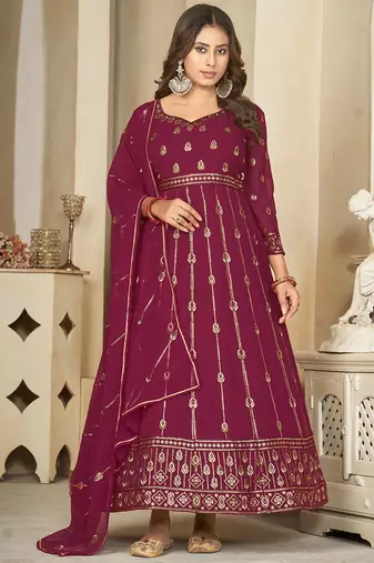Purple georgette embroidered wedding wear anarkali suit
