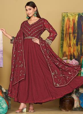 Maroon georgette embroidered wedding wear anarkali suit 1