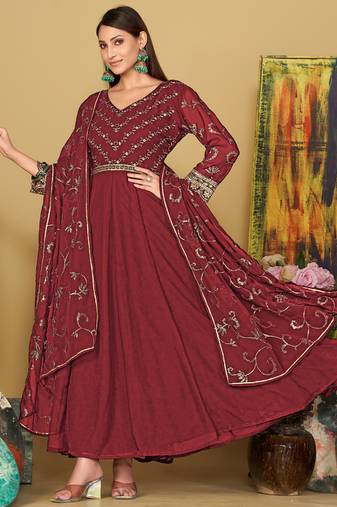 Maroon georgette embroidered wedding wear anarkali suit