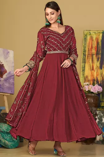 Maroon georgette embroidered wedding wear anarkali suit