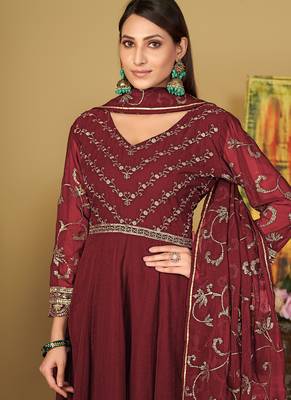 Maroon georgette embroidered wedding wear anarkali suit 3