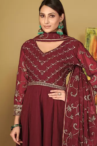 Maroon georgette embroidered wedding wear anarkali suit