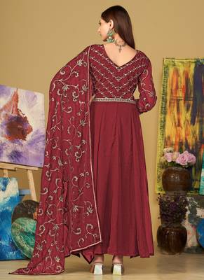 Maroon georgette embroidered wedding wear anarkali suit 4