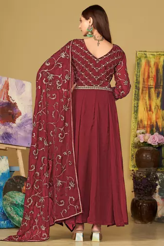 Maroon georgette embroidered wedding wear anarkali suit