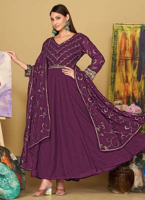 Purple georgette embroidered wedding wear anarkali suit 1