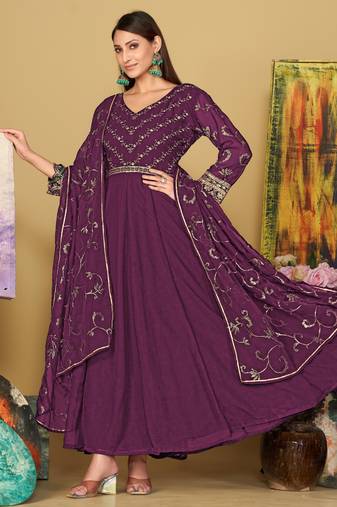 Purple georgette embroidered wedding wear anarkali suit