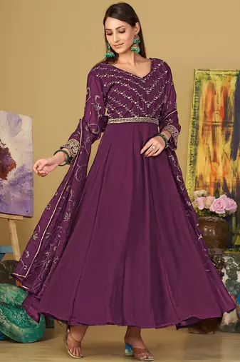 Purple georgette embroidered wedding wear anarkali suit