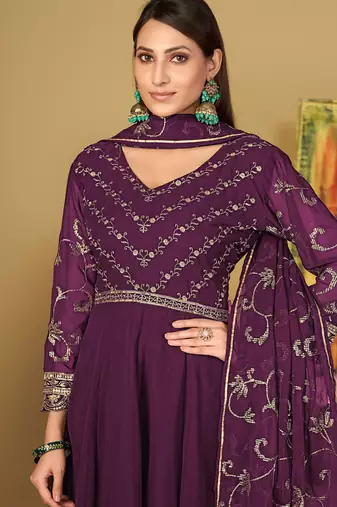 Purple georgette embroidered wedding wear anarkali suit
