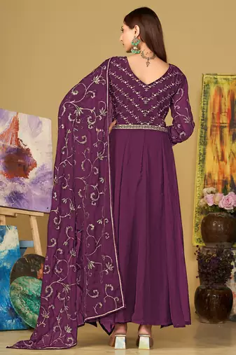 Purple georgette embroidered wedding wear anarkali suit
