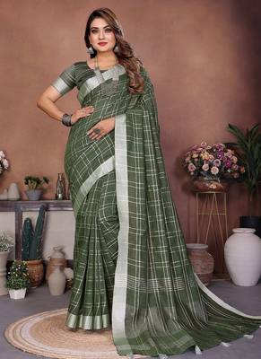Green Color Zari Weaving Linen Saree 2