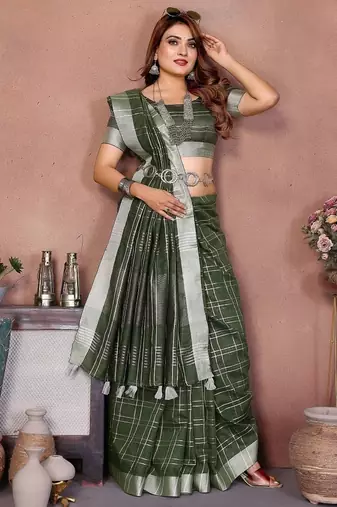 Green Color Zari Weaving Linen Saree