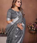 Grey Color Zari Weaving Linen Saree