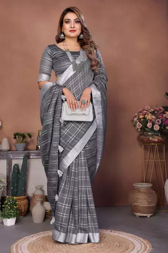 Grey Color Zari Weaving Linen Saree