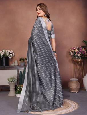 Grey Color Zari Weaving Linen Saree 4