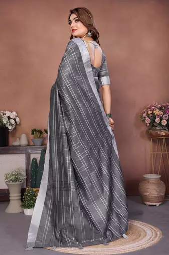 Grey Color Zari Weaving Linen Saree