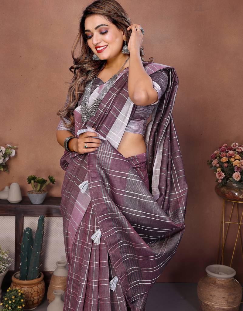 Lavender Color Zari Weaving Linen Saree
