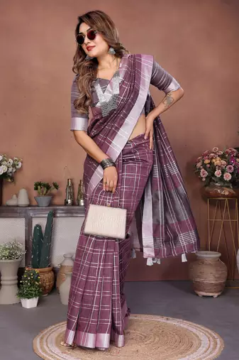 Lavender Color Zari Weaving Linen Saree