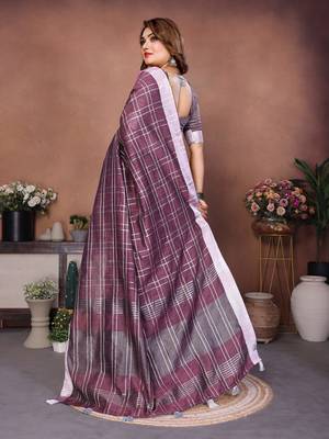 Lavender Color Zari Weaving Linen Saree 4