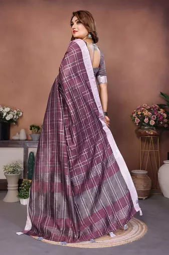 Lavender Color Zari Weaving Linen Saree