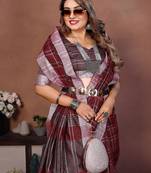 Maroon Color Zari Weaving Linen Saree