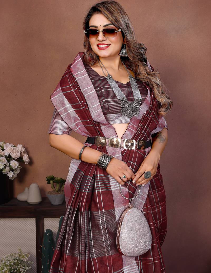 Maroon Color Zari Weaving Linen Saree