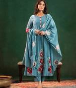 Women floral embroidered panelled thread work kurta with trousers & with dupatta