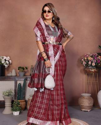 Maroon Color Zari Weaving Linen Saree 3