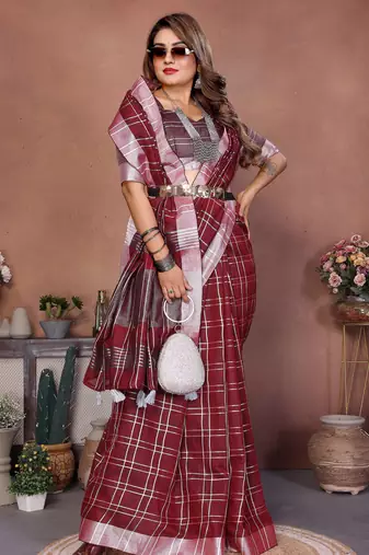 Maroon Color Zari Weaving Linen Saree