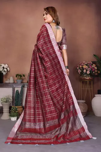 Maroon Color Zari Weaving Linen Saree