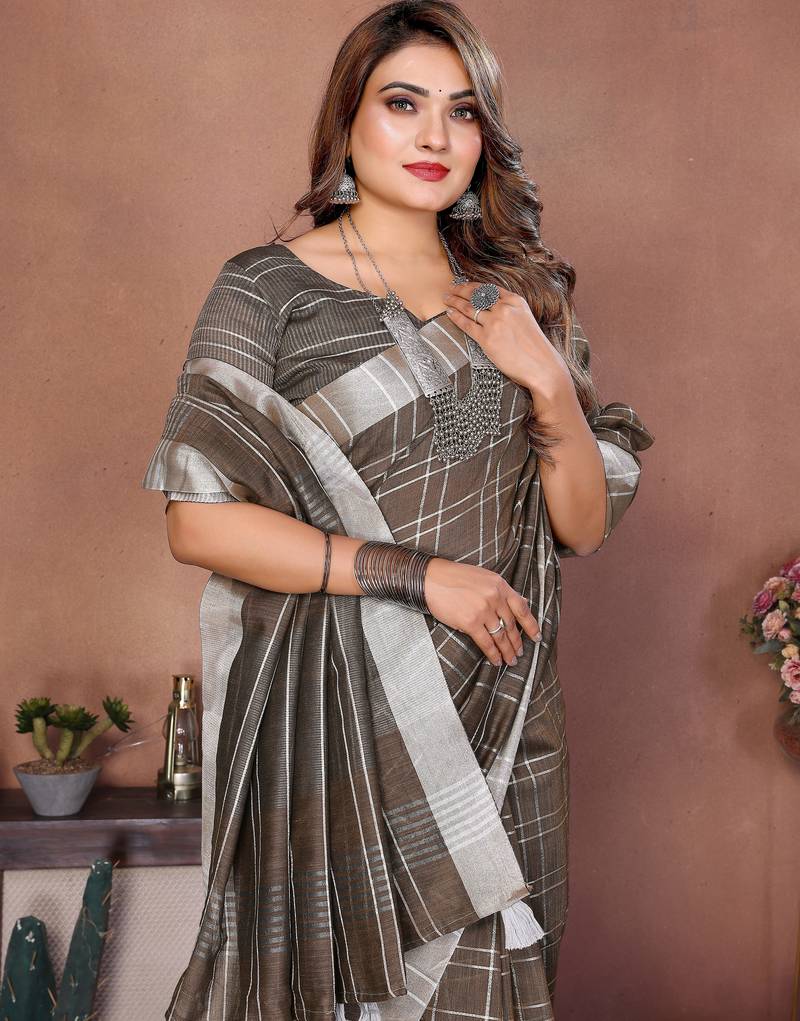 Mehendi Color Zari Weaving Linen Saree