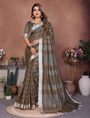 Mehendi Color Zari Weaving Linen Saree 2