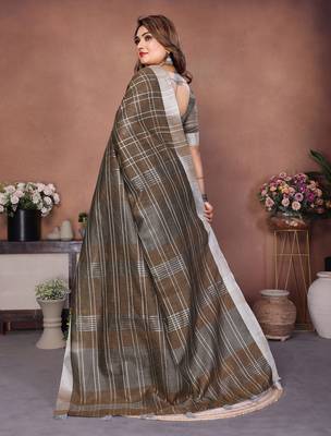 Mehendi Color Zari Weaving Linen Saree 4
