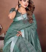 Dark Sea Green Color Zari Weaving Linen Saree