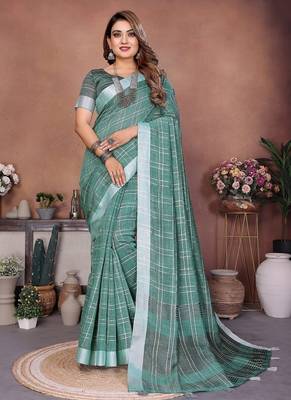 Dark Sea Green Color Zari Weaving Linen Saree 2
