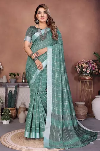 Dark Sea Green Color Zari Weaving Linen Saree