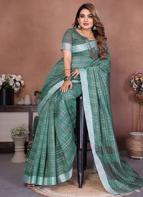 Dark Sea Green Color Zari Weaving Linen Saree 3