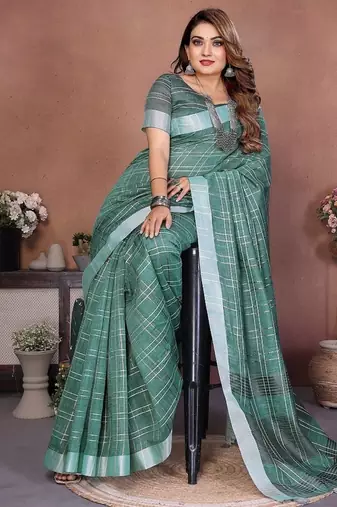 Dark Sea Green Color Zari Weaving Linen Saree