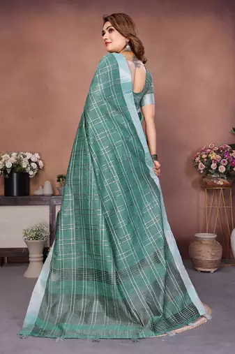 Dark Sea Green Color Zari Weaving Linen Saree