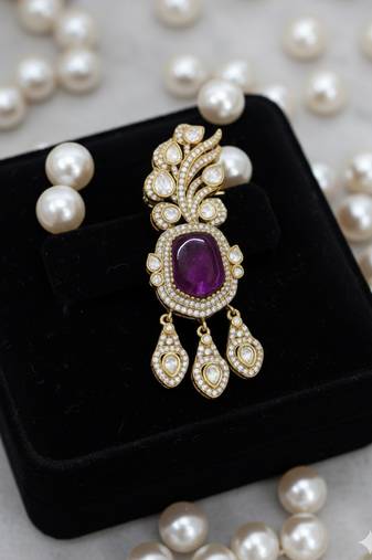 Unisex victorina moissanite polki brass drop pendant with purple doublets