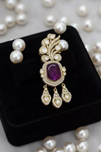 Unisex victorina moissanite polki brass drop pendant with purple doublets